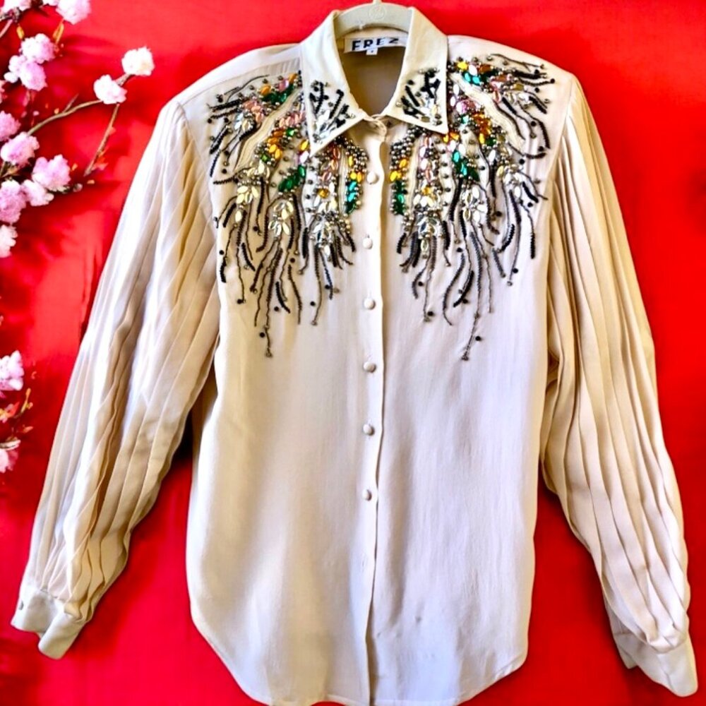 EREZ Vintage 80’s SILK + SNAKESKIN LEATHER Blouse Pleats Beaded BLING - Picture 16 of 16